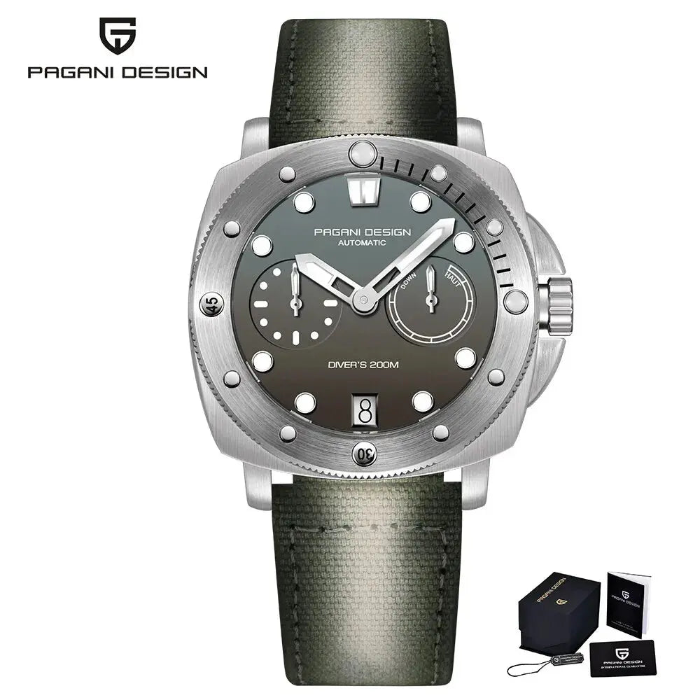 Pagani Design diver watch with green strap and stainless steel case water resistant to 200 meters