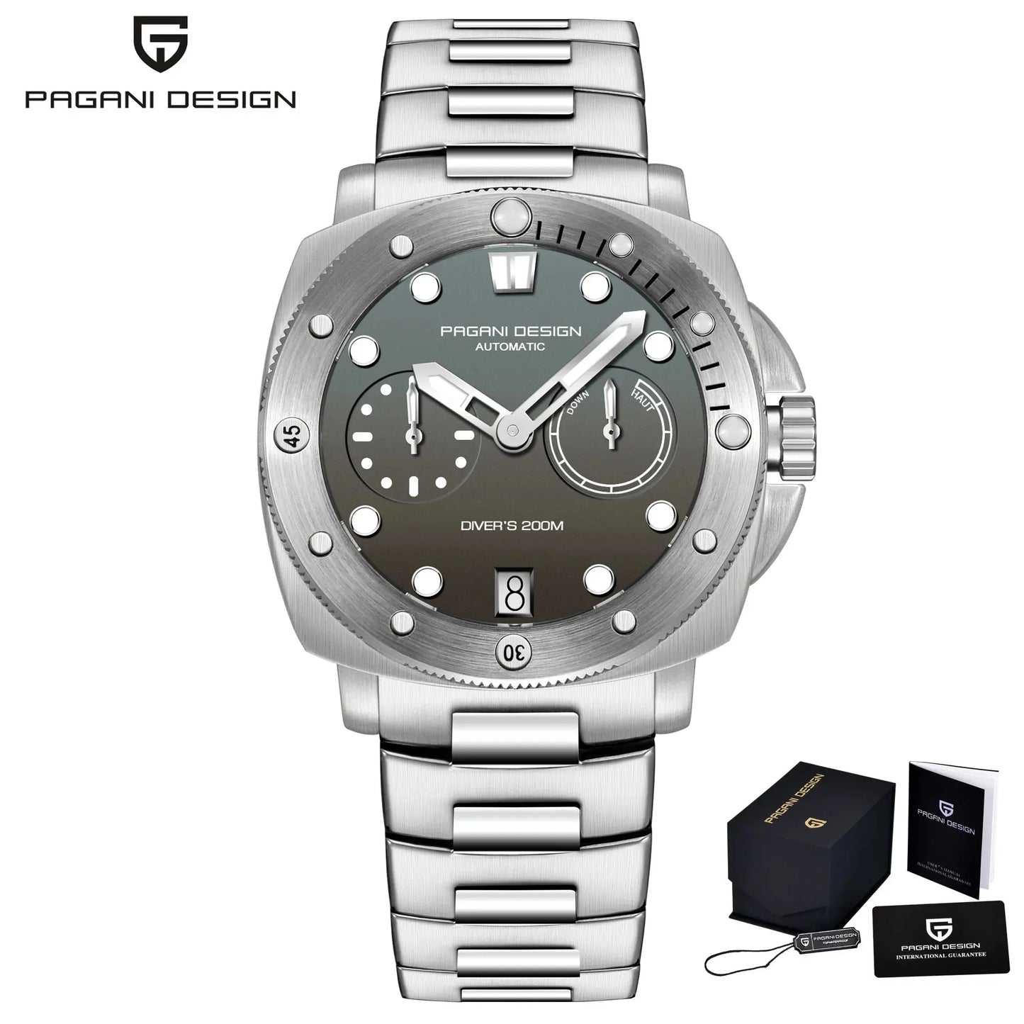 Pagani Design diver watch with stainless steel bracelet and black dial features 200M water resistance