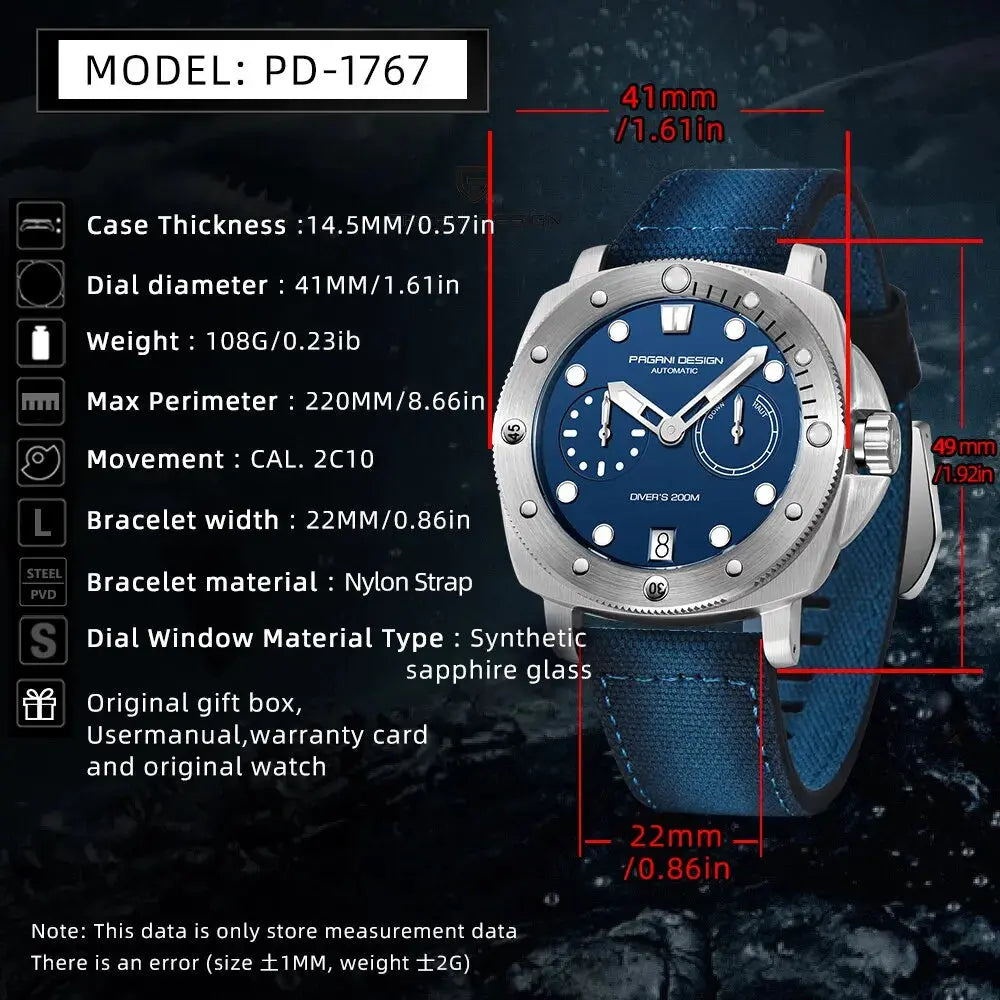 Pagani Design diver watch model PD-1767 with blue dial and nylon strap water resistant to 200M