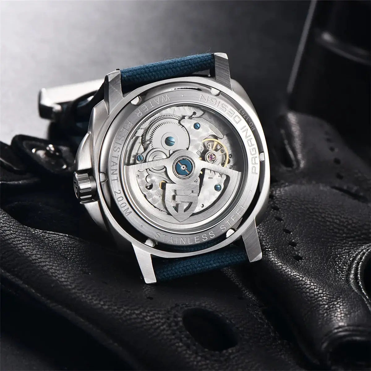 Back view of Pagani Design diver watch showing stainless steel case and mechanical movement