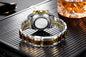 Back view of a waterproof stainless steel chronograph watch with a stylish bracelet and gold accents