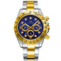 Luxury waterproof stainless steel chronograph watch with blue dial and gold accents