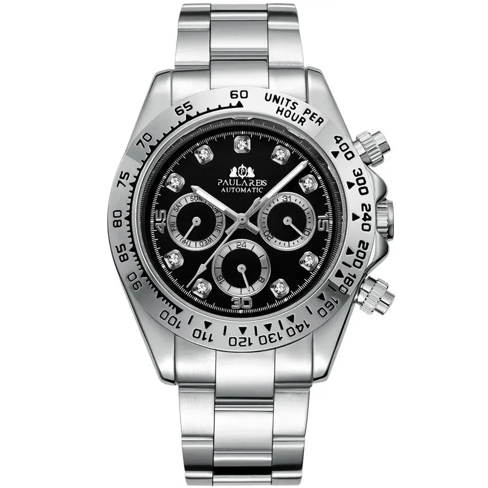 Alcom Distribution waterproof stainless steel chronograph watch with black dial and silver bracelet