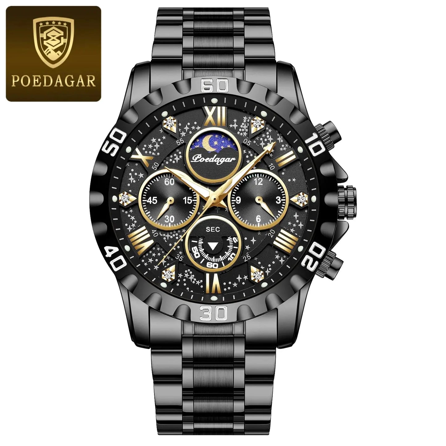Fashionable men's luxury watch by Alcom Distribution with black and gold details and multiple dials
