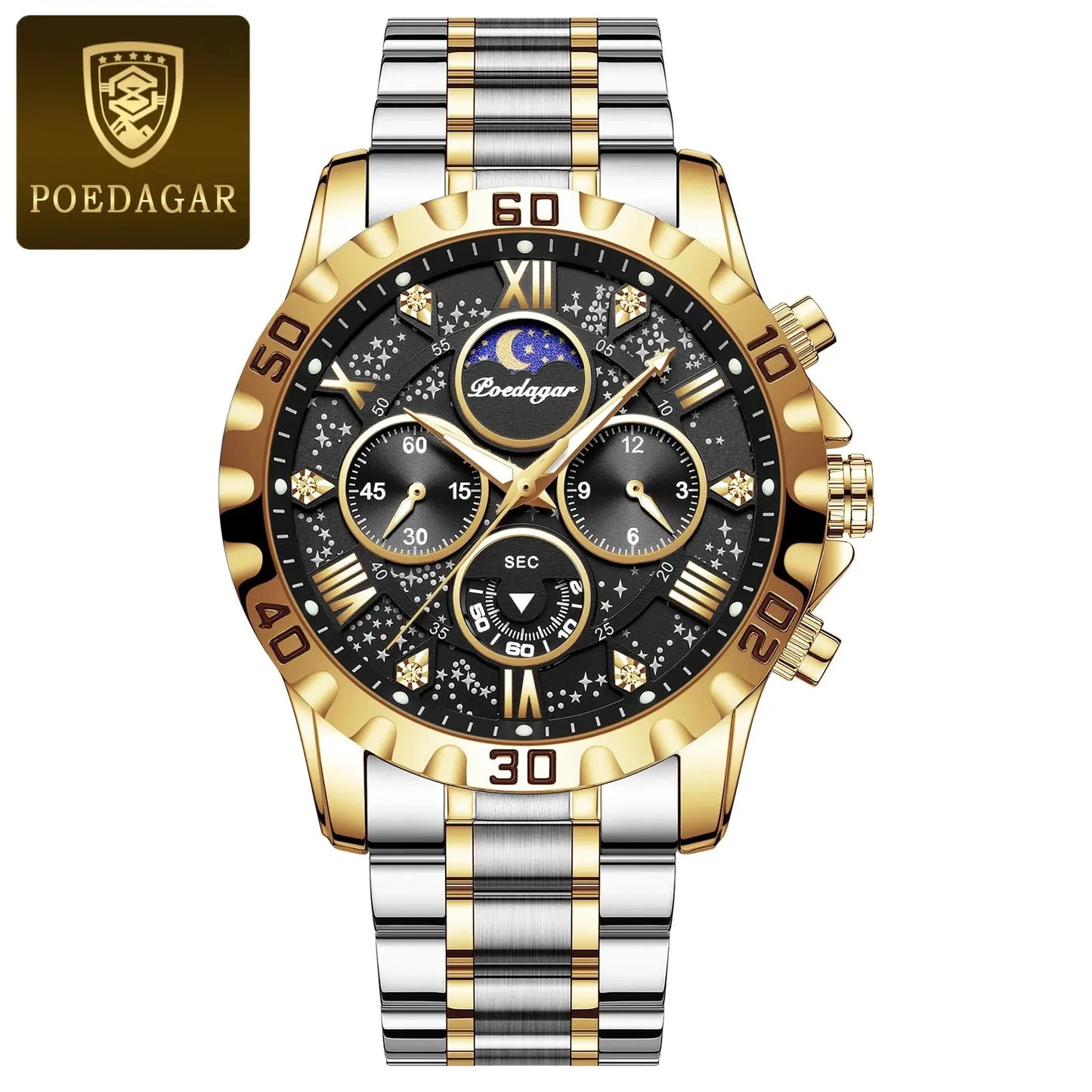 Fashionable men's luxury watch by Alcom Distribution with gold and silver stainless steel band and intricate black dial