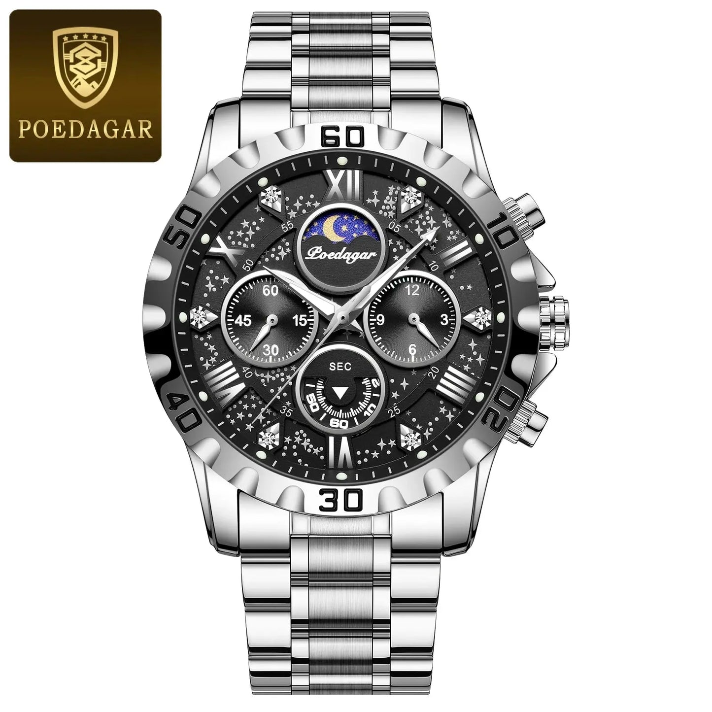 Poedagar fashionable men's luxury watch with silver metal band and black multi-function dial