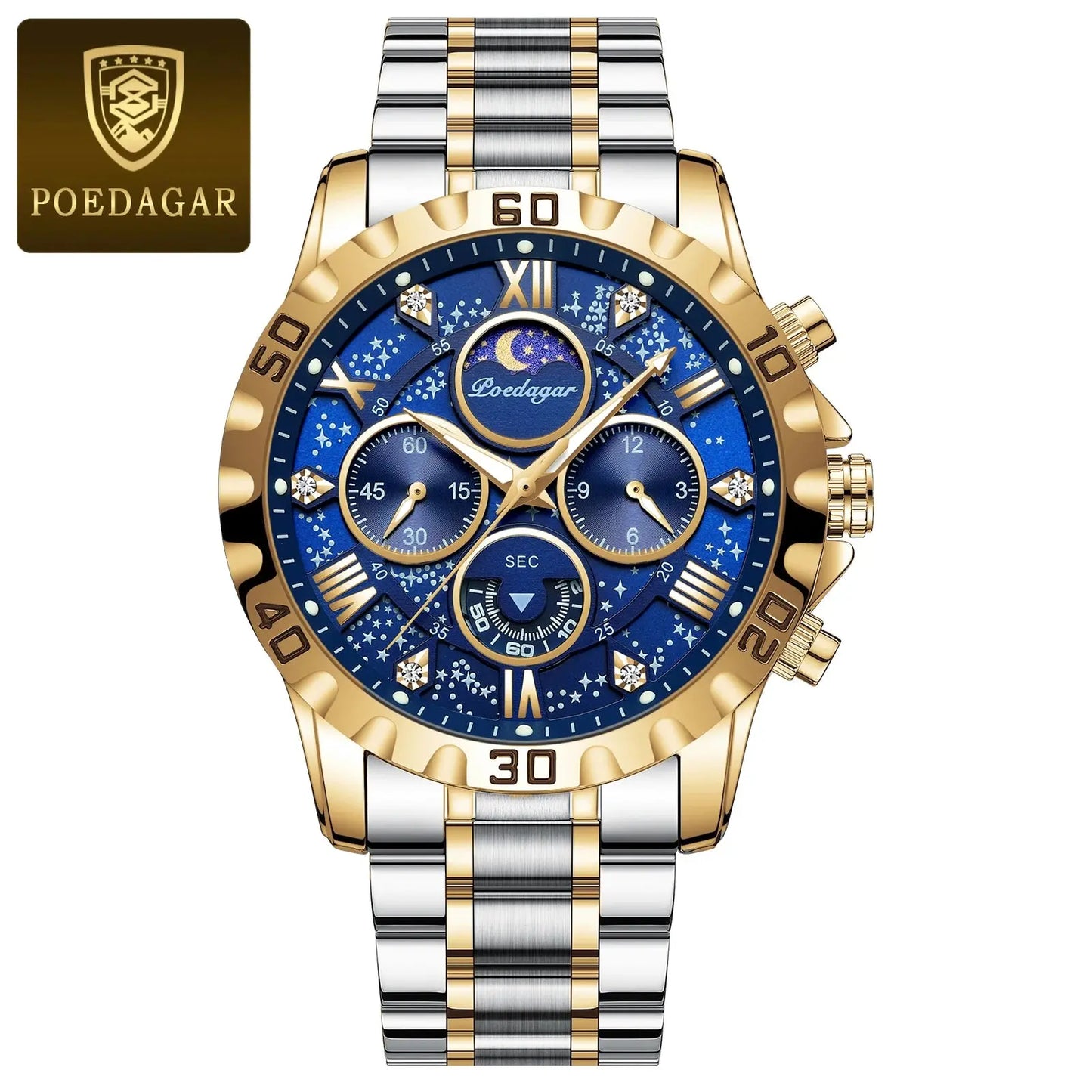 Fashionable men's luxury watch by Alcom Distribution with gold and silver band and blue detailed dial