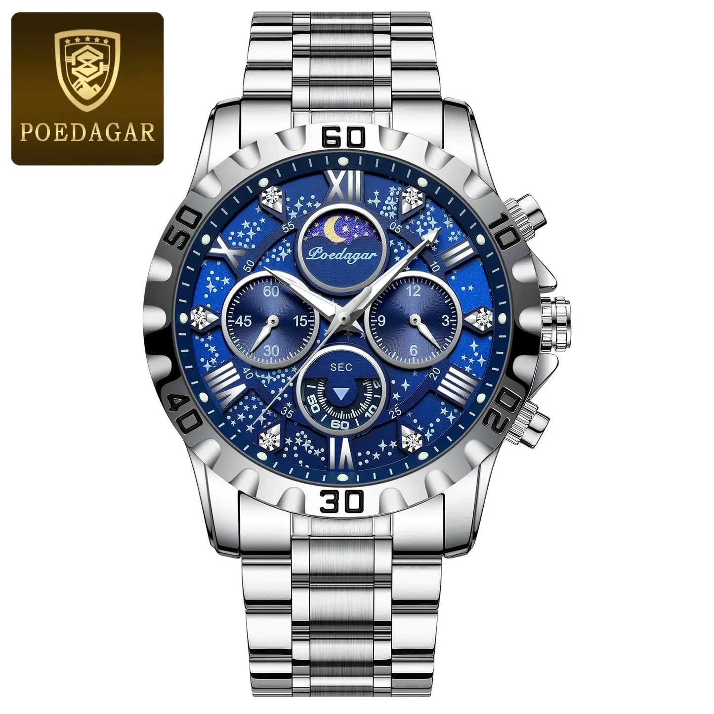 Fashionable men's luxury watch by Alcom Distribution with silver metal band and blue detailed dial