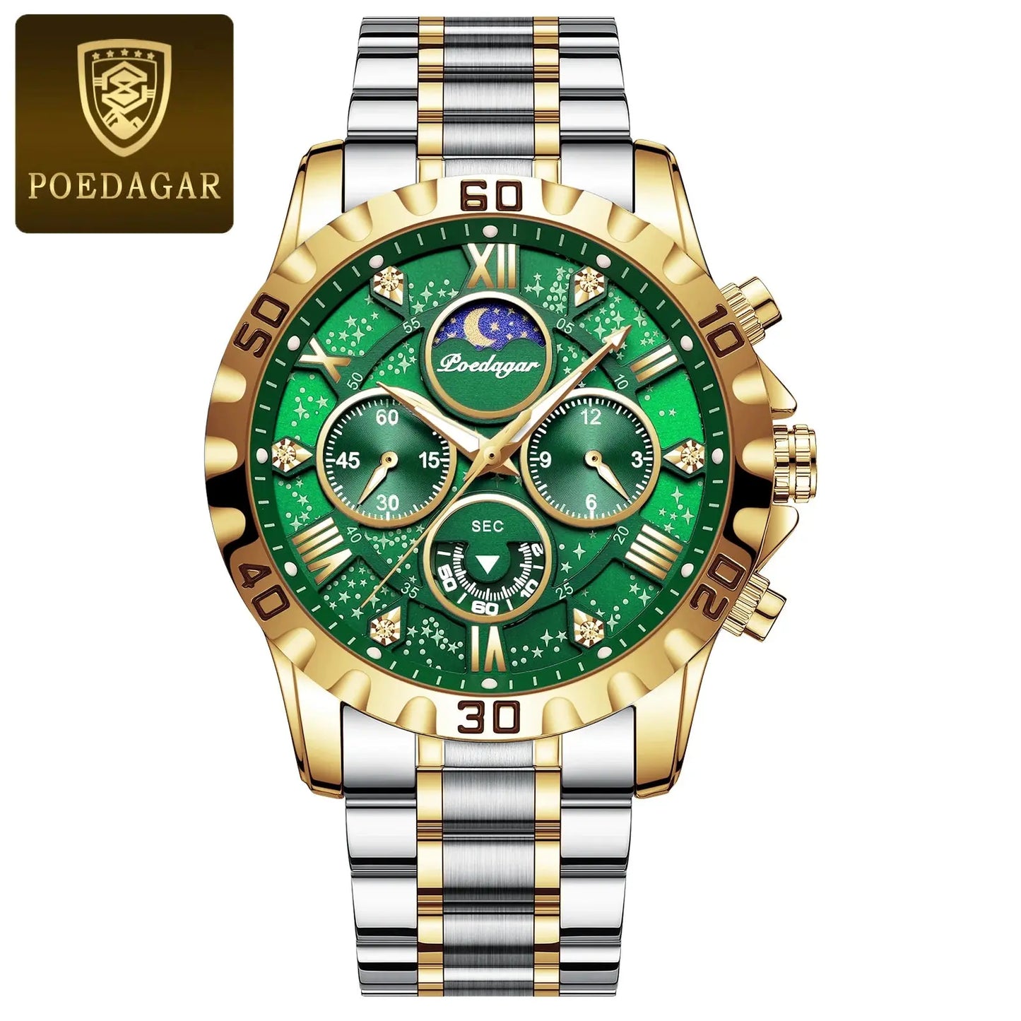 Fashionable men's luxury watch by Alcom Distribution with gold and silver band and green dial