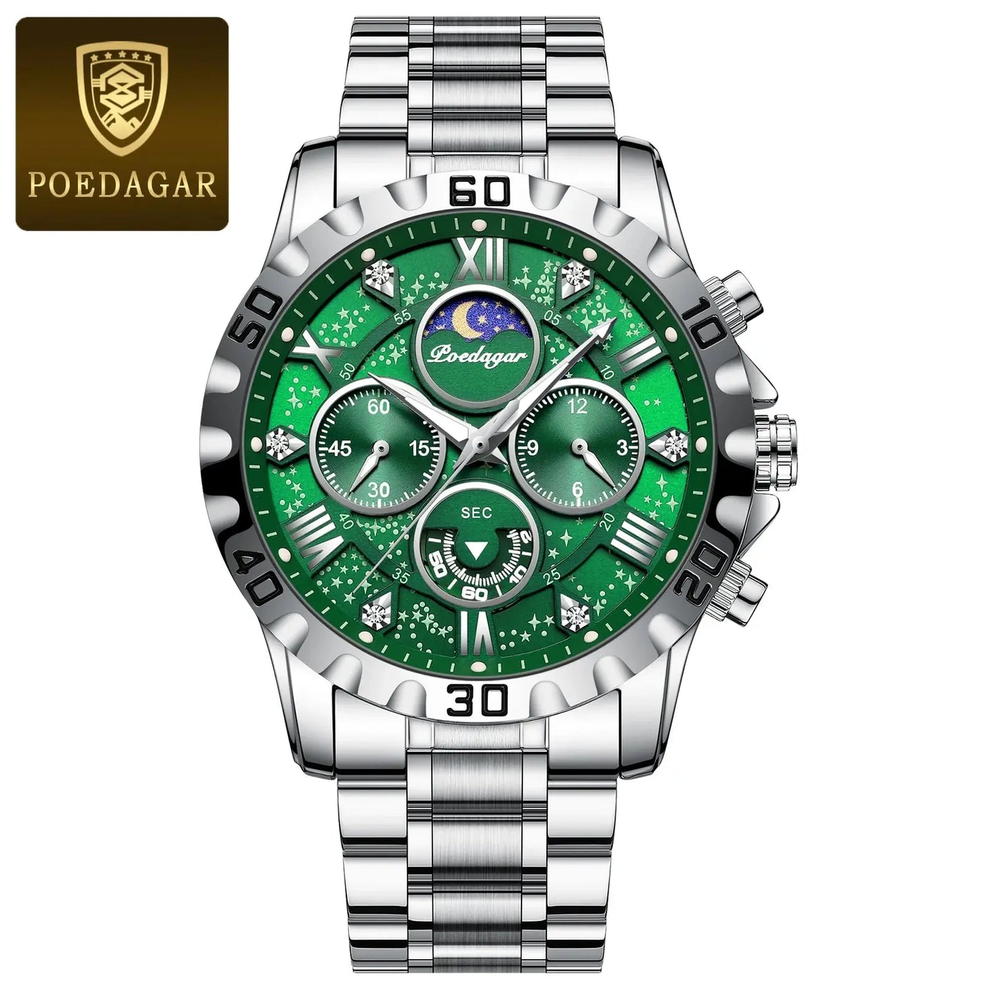 Alcom Distribution fashionable men's luxury watch with green dial and silver stainless steel band
