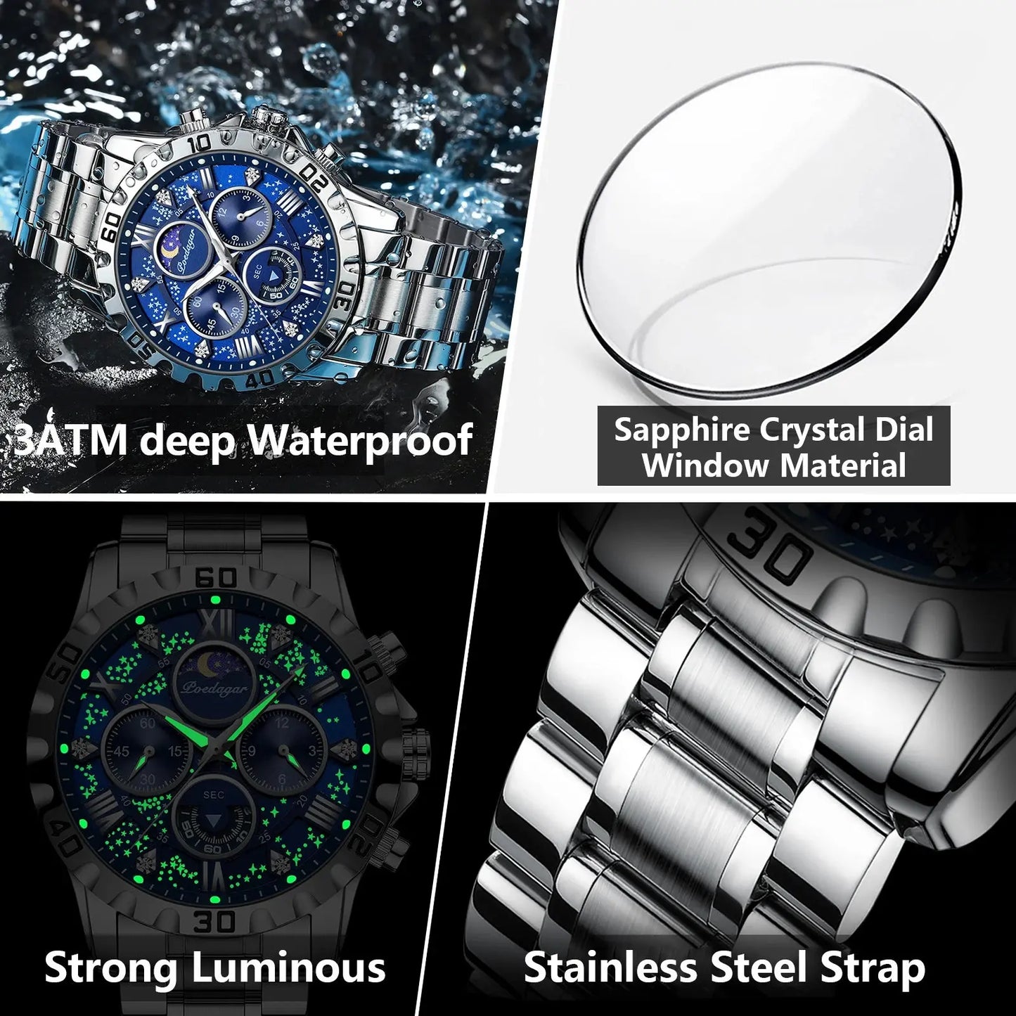 Fashionable men's luxury watch by Alcom Distribution with waterproof feature and stainless steel strap