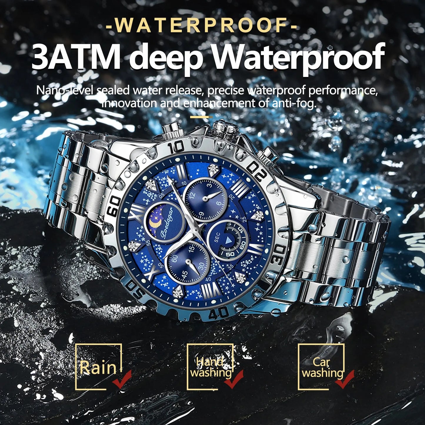 Fashionable men's luxury watch with blue dial and silver stainless steel band waterproof for rain and washing