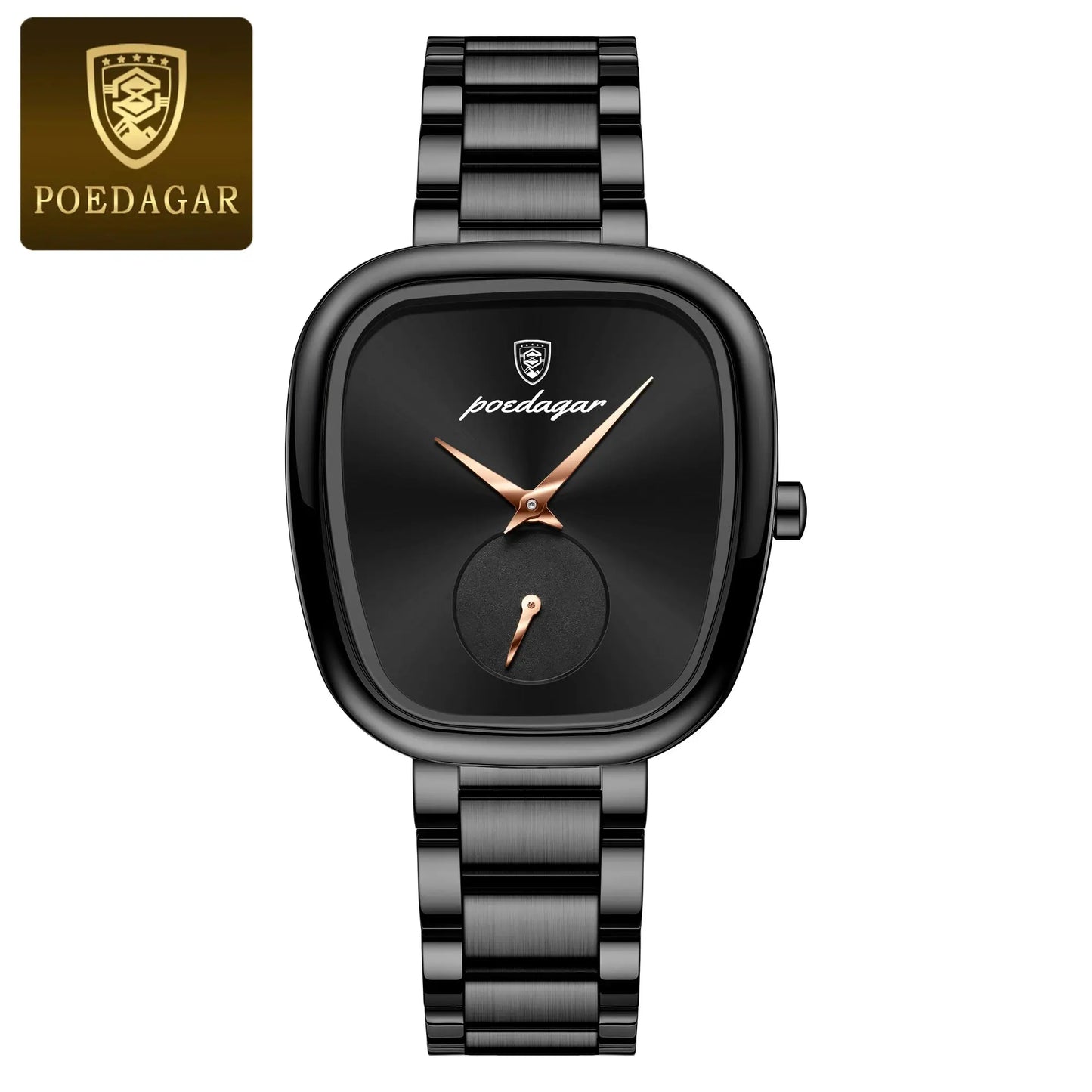 Black POEDAGAR fashionable quartz timepiece for women with rose gold hands and metal link band