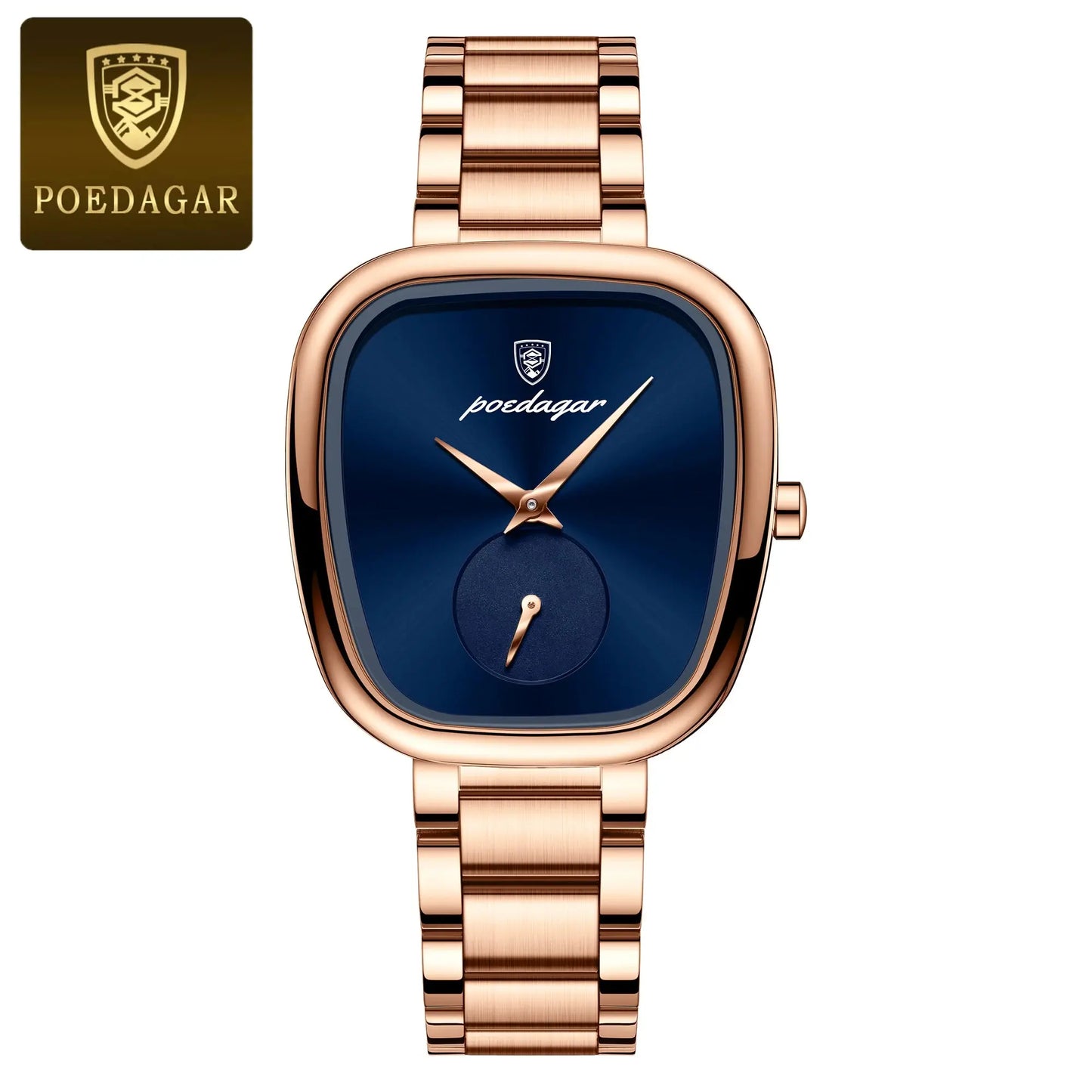 Fashionable quartz timepiece for women with rose gold metal band and blue square dial by Alcom Distribution