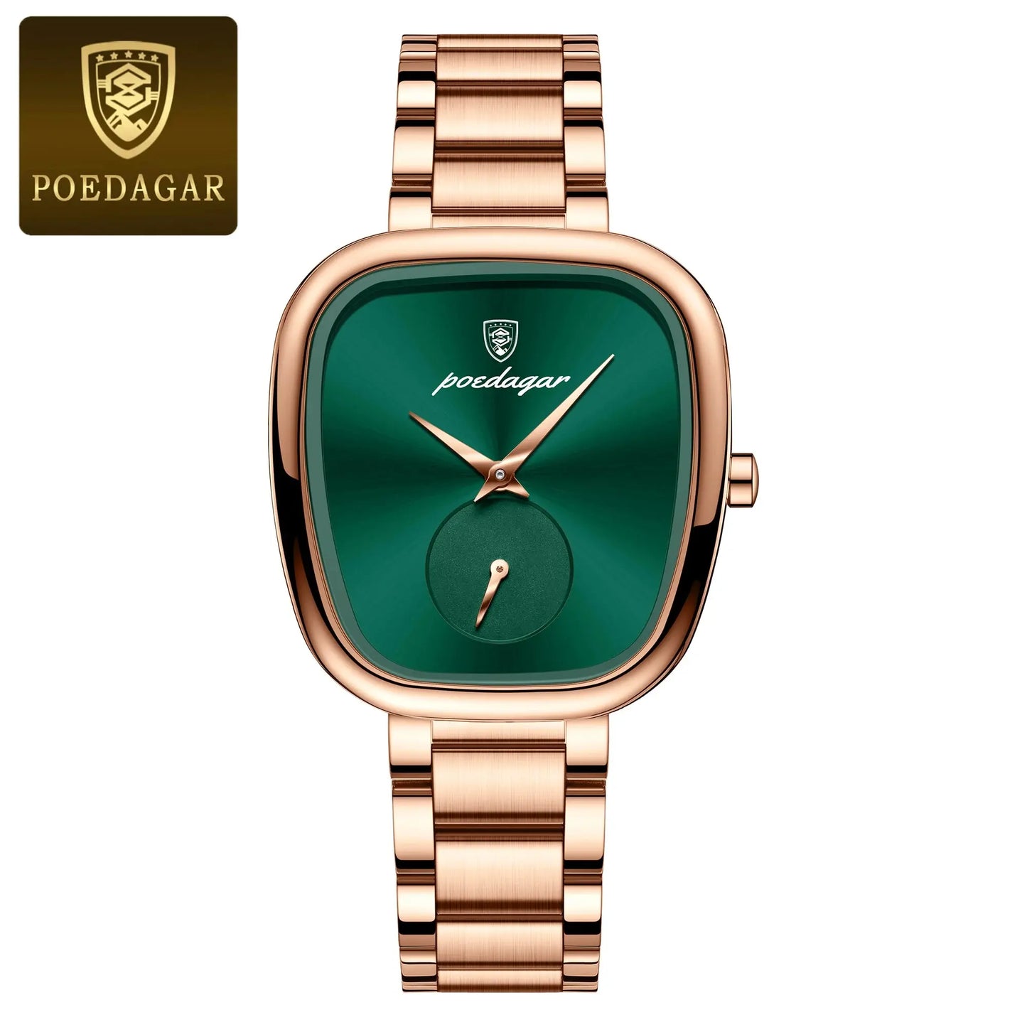 Poedagar fashionable quartz timepiece for women with rose gold band and green square dial