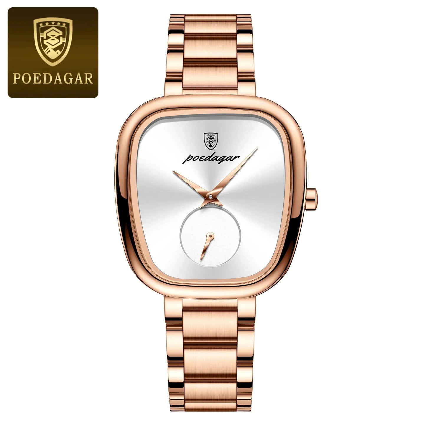 Poedagar rose gold fashionable quartz timepiece for women with square white dial and metal band