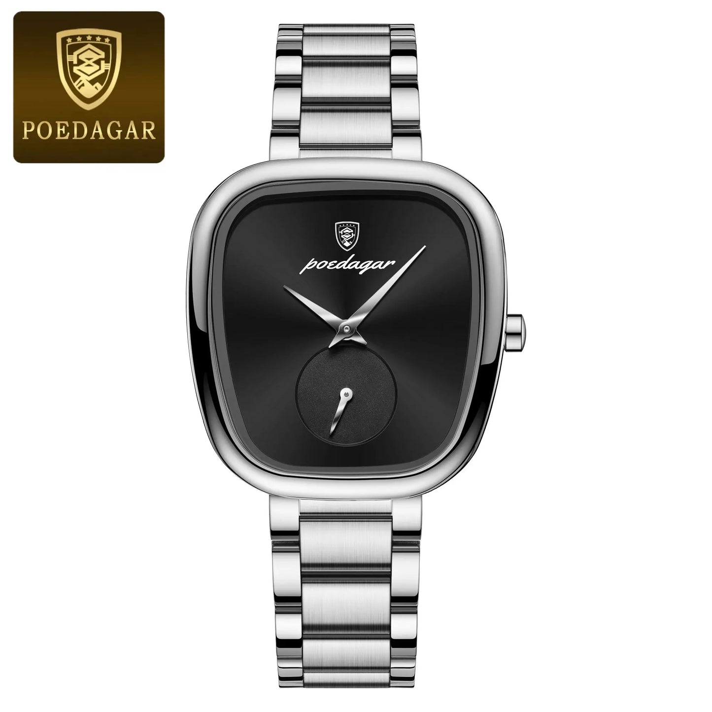 Poedagar fashionable quartz timepiece for women with black dial and silver stainless steel band