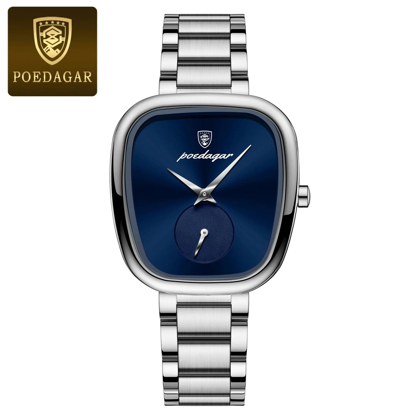 Poedagar fashionable quartz timepiece for women with blue dial and silver metal bracelet
