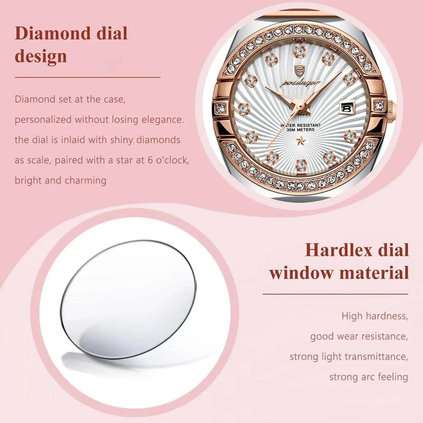 Luxury quartz watch for women with diamond dial design and hardlex dial window material