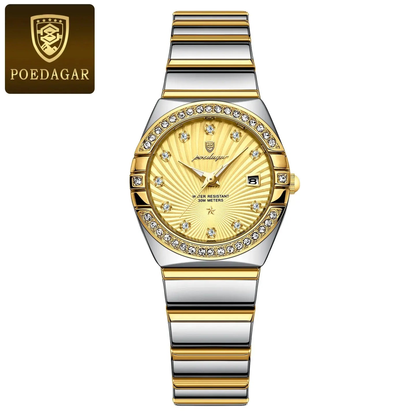 Luxury quartz watch for women by Poedagar with gold and silver tone band and crystal accents