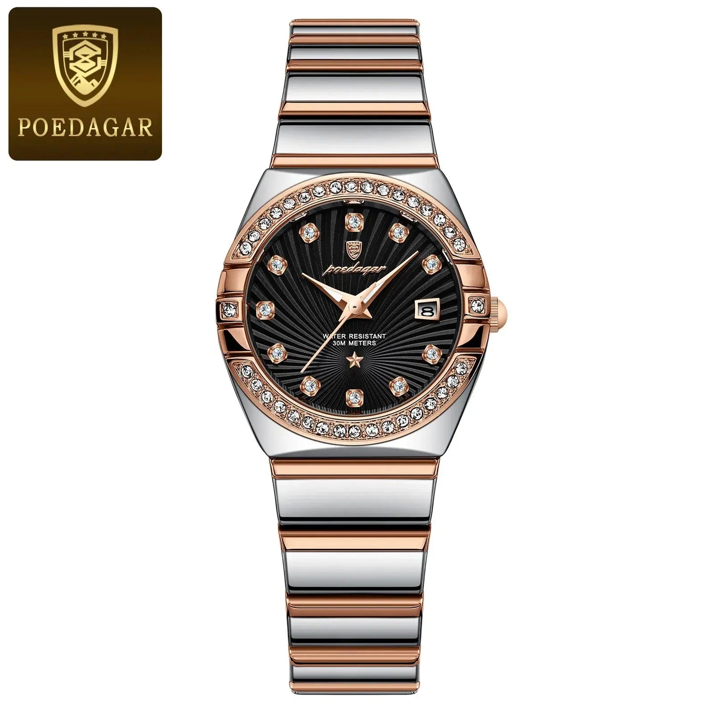 Luxury quartz watch for women with rose gold and silver band and black dial with crystal markers