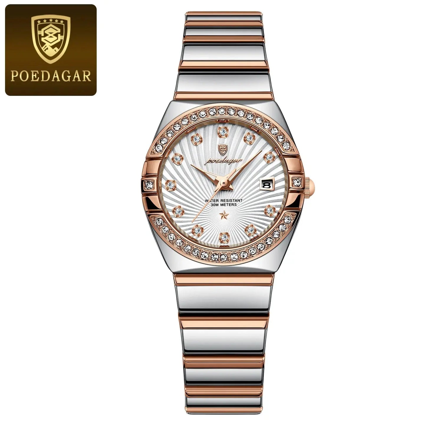 Alcom Distribution luxury quartz watch for women with silver and rose gold band and crystal accents