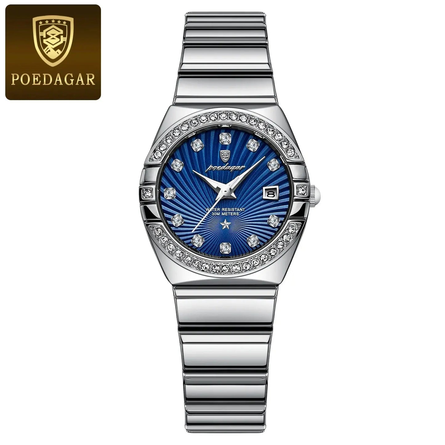 Poedagar luxury quartz watch for women with silver strap and blue diamond-studded dial by Alcom Distribution