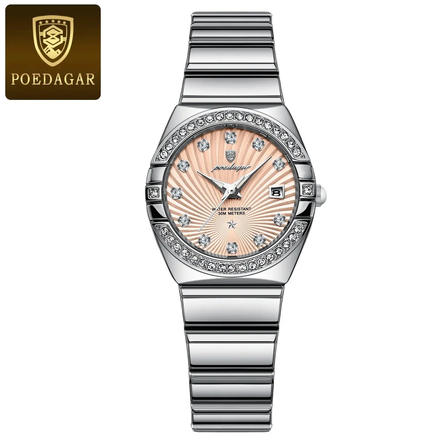 Luxury quartz watch for women by Alcom Distribution with silver band and crystal-studded bezel
