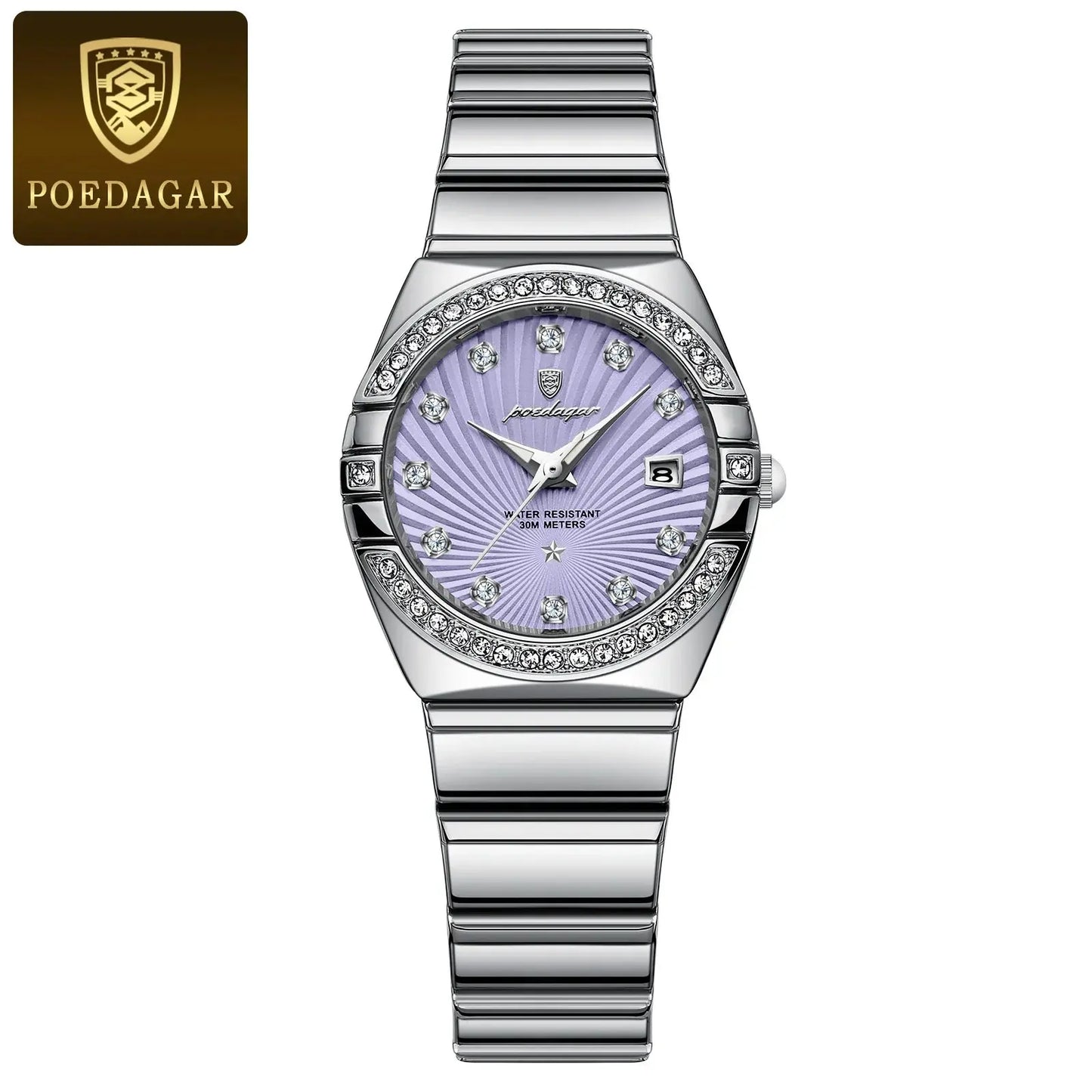 Luxury quartz watch for women by Alcom Distribution with silver band and purple crystal-studded dial
