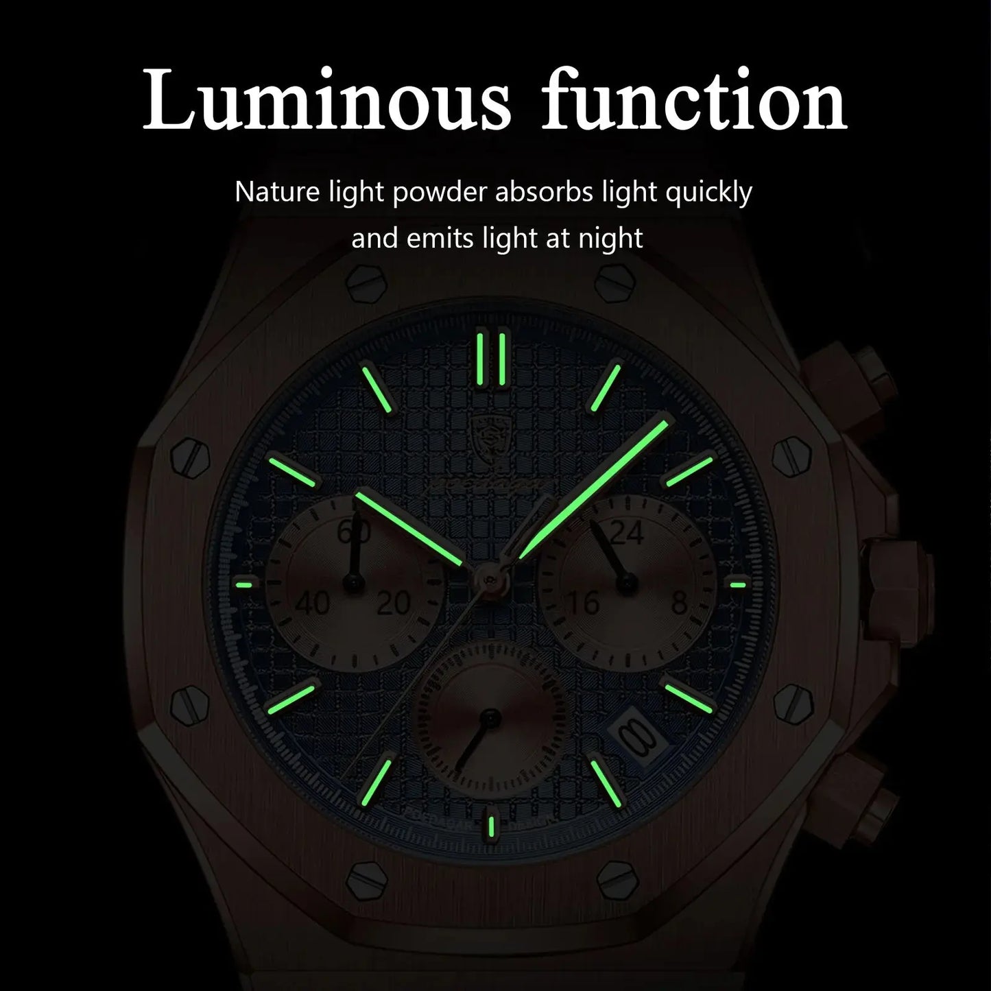 Alcom Distribution men's quartz chronograph watch with luminous green hands and markers and three subdials