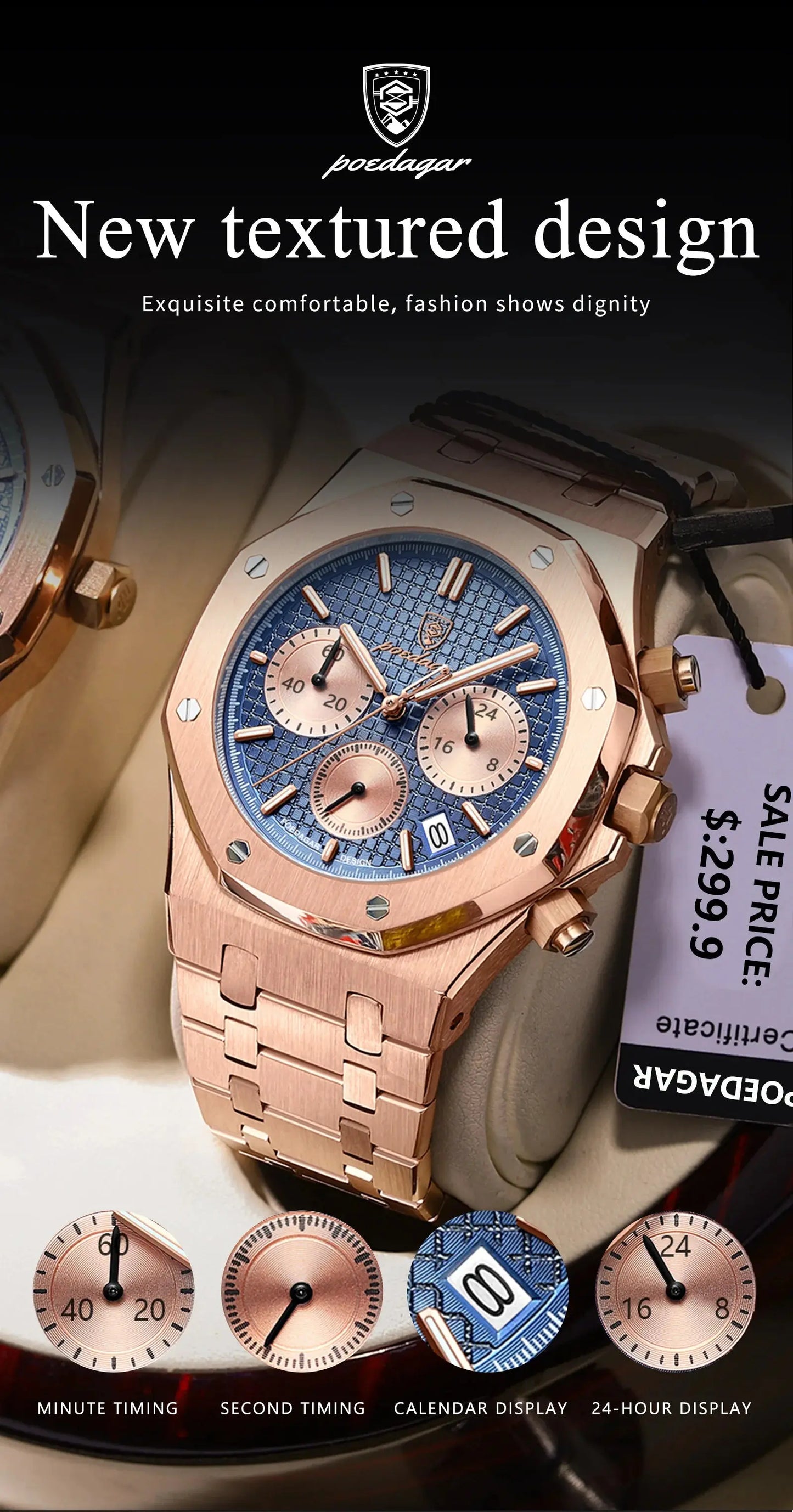 Alcom Distribution rose gold bracelet men's quartz chronograph watch with blue textured dial and date