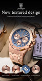 Alcom Distribution rose gold bracelet men's quartz chronograph watch with blue textured dial and date