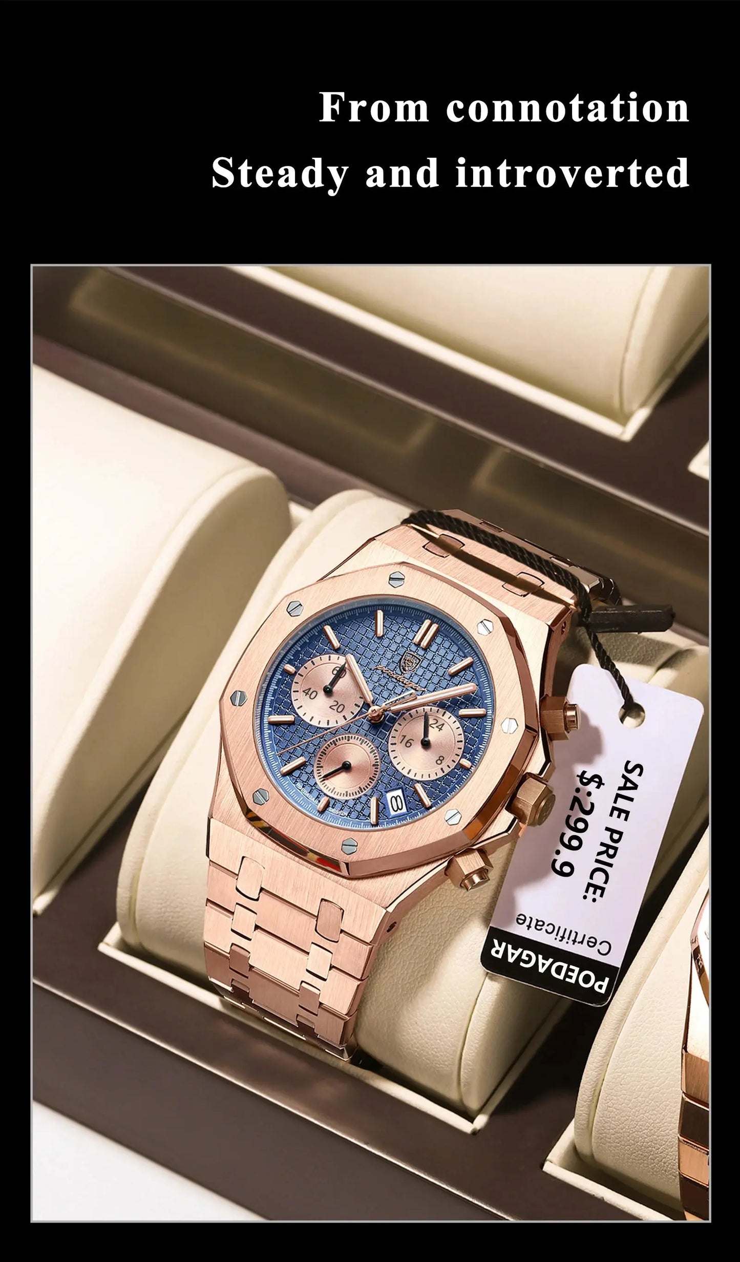 Alcom Distribution men's quartz chronograph watch rose gold bracelet blue textured dial with three subdials on display cushion