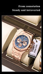 Alcom Distribution men's quartz chronograph watch rose gold bracelet blue textured dial with three subdials on display cushion