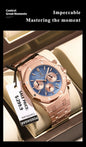 Alcom Distribution rose gold bracelet watch with blue textured dial and three subdials men's quartz chronograph watch