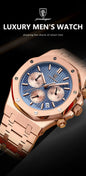 Alcom Distribution rose gold bracelet watch with blue textured dial and subdials men's quartz chronograph watch