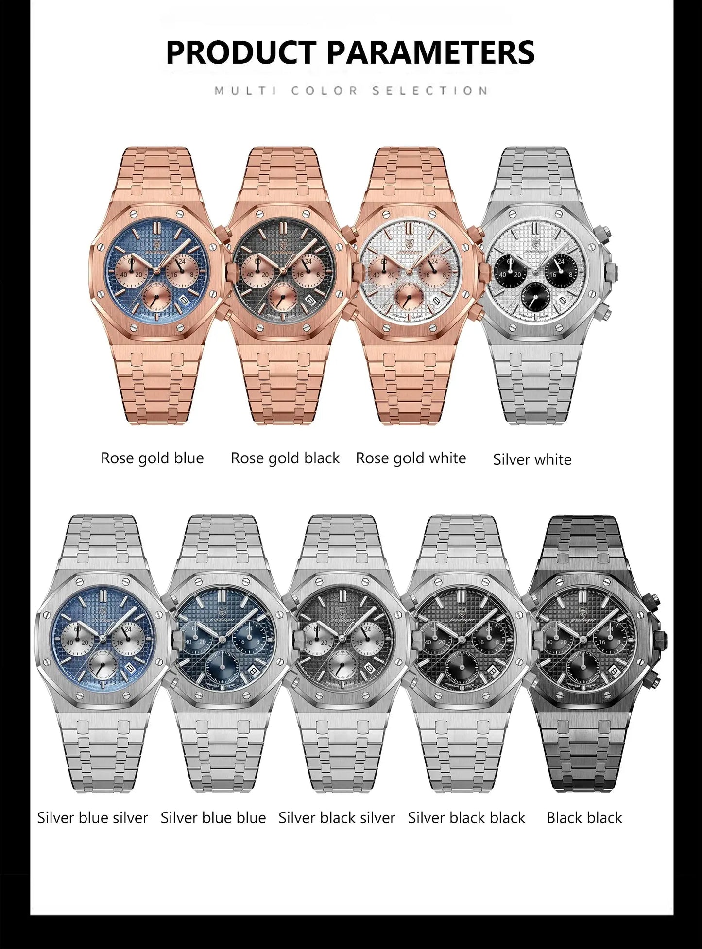 Alcom Distribution men's quartz chronograph watch collection showing rose gold and silver dial variants with metal bracelets
