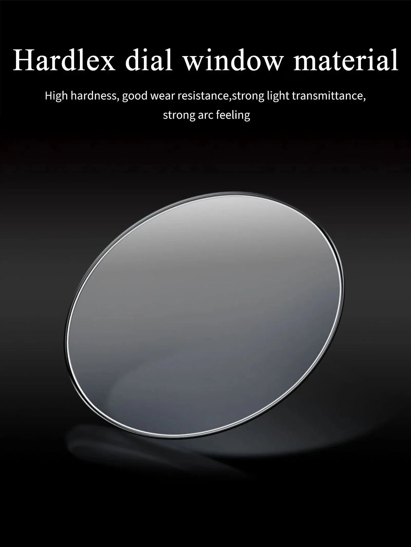 Hardlex dial window crystal lens for men's quartz chronograph watch displayed on black background
