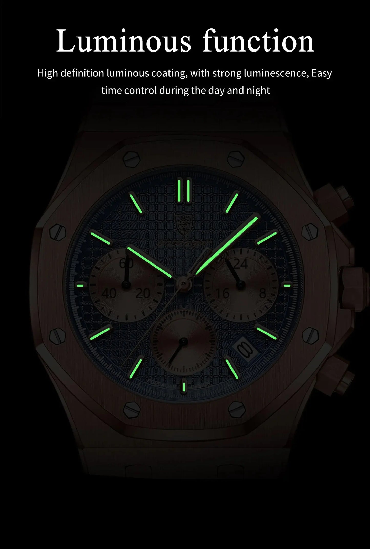 Alcom Distribution men's quartz chronograph watch with luminous green hands and hour markers on a dark dial with three subdials