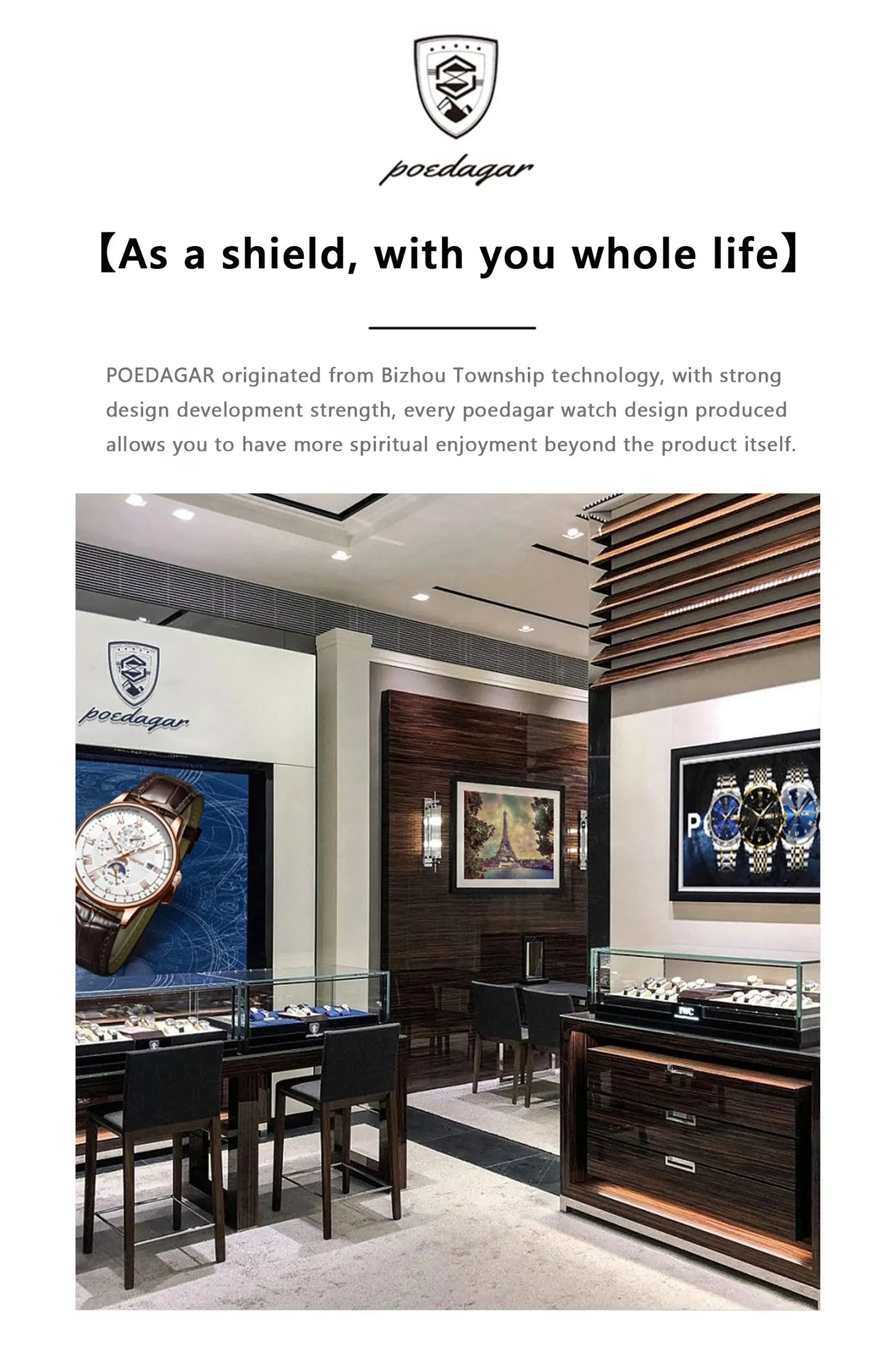 Alcom Distribution store interior showing display cases with men's quartz chronograph watch collection in elegant retail setting