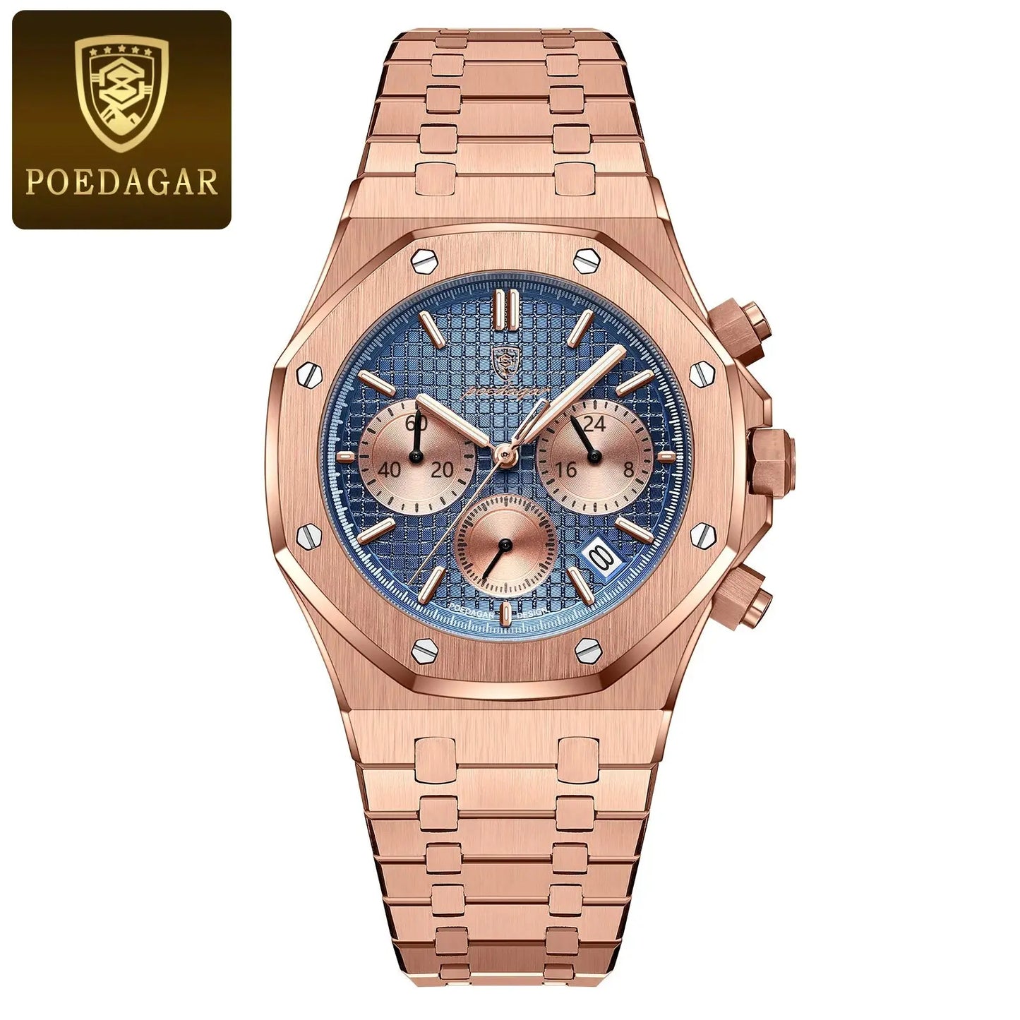 Poedagar rose gold stainless steel men's quartz chronograph watch with blue textured dial and date window