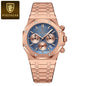Poedagar rose gold stainless steel men's quartz chronograph watch with blue textured dial and date window