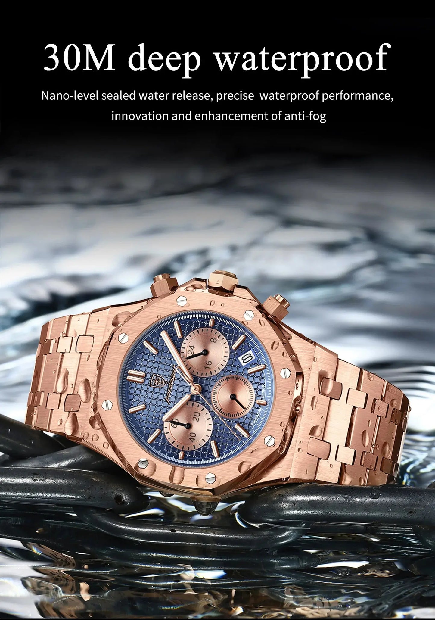 Alcom Distribution rose gold men's quartz chronograph watch with blue textured dial and 30M waterproof
