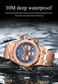 Alcom Distribution rose gold men's quartz chronograph watch with blue textured dial and 30M waterproof