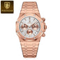 Alcom Distribution Poedagar rose gold stainless steel men's quartz chronograph watch with textured silver dial and three subdials