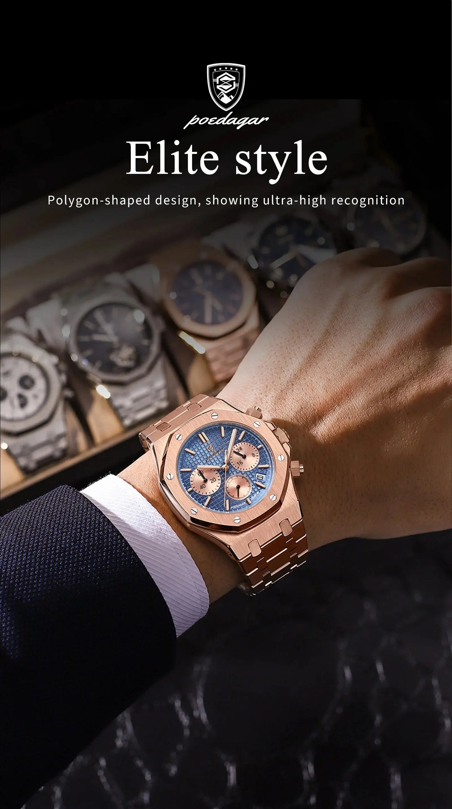 Alcom Distribution men's quartz chronograph watch rose gold case blue dial on wrist with polygon design