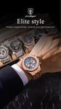 Alcom Distribution men's quartz chronograph watch rose gold case blue dial on wrist with polygon design