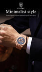 Rose gold bracelet men's quartz chronograph watch with blue dial and three subdials worn with suit