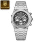 Alcom Distribution stainless steel men's quartz chronograph watch with octagonal bezel textured gray dial