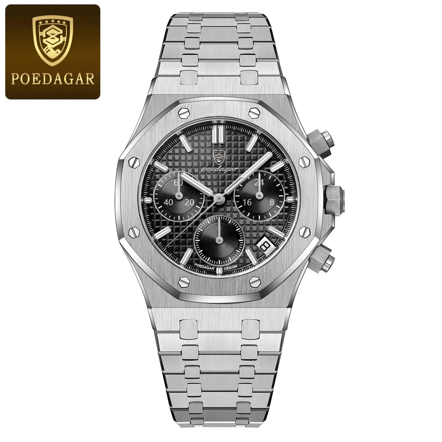Alcom Distribution silver stainless steel men's quartz chronograph watch with black textured dial and date